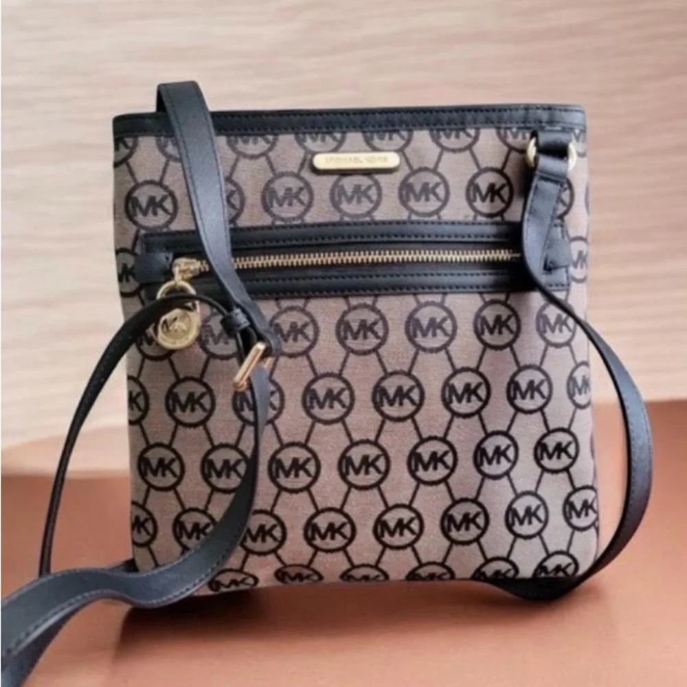 Michael Kors Tan and Black MK Signature Crossbody Bag